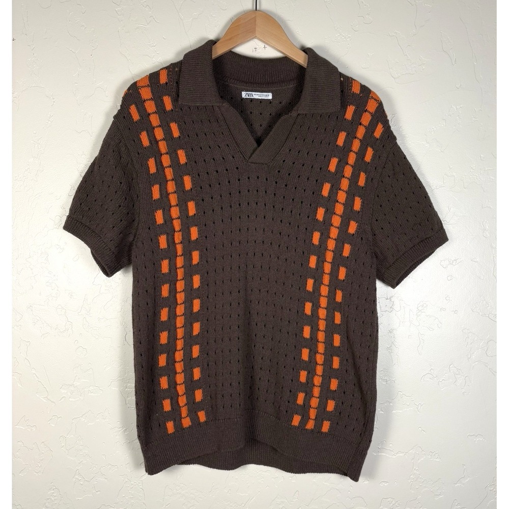 ZARA Pull‎ Over Sweater Men's Size M Brown Orange Short Sleeve Knit Top Retro